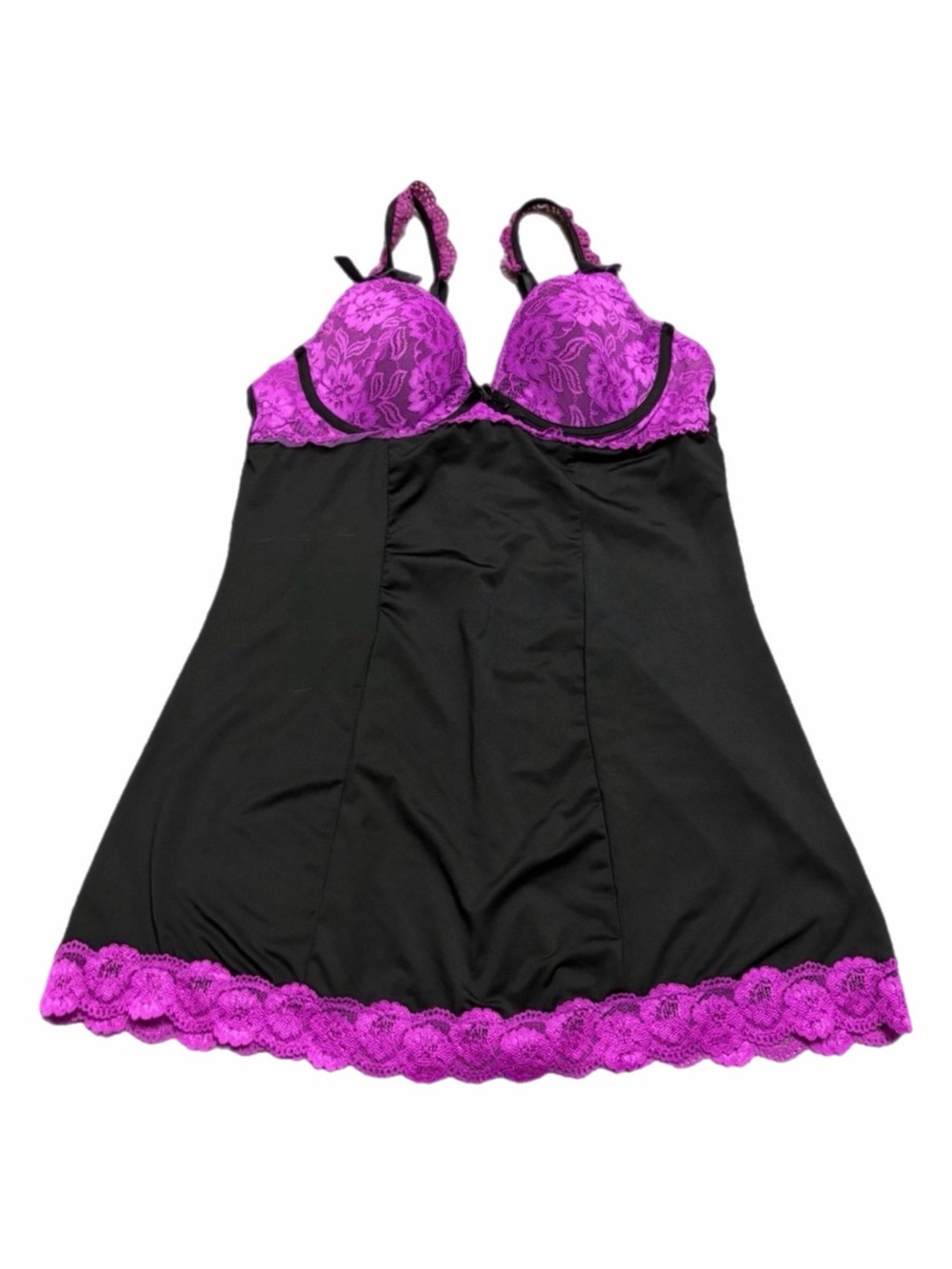 90s/Y2K Vintage Lace Accents Babydoll Teddy Slip Dress Black/Fuchsia Size L/38C